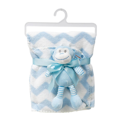 Little Mimos Baby Blanket with Monkey Plush- Blue and White 