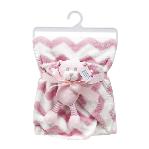 Little Mimos Baby Blanket with Bear Plush- Pink and White 