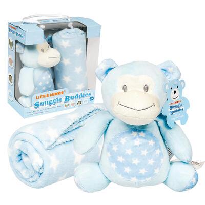 Little Mimos Baby Blanket with Monkey Plush- Blue and White 