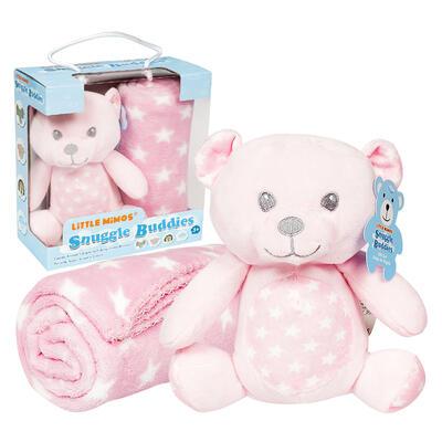 Little Mimos Baby Blanket with Bear Plush- Pink and White 